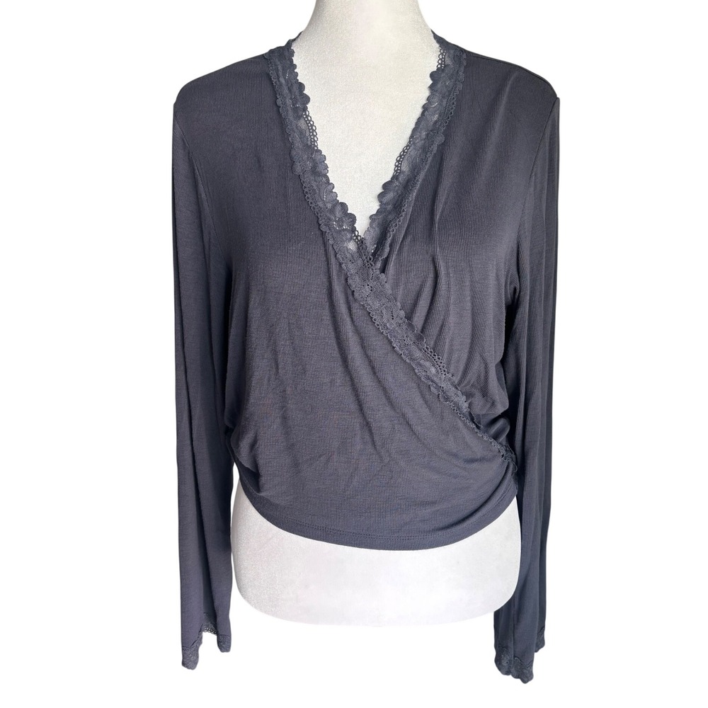 Gray Ribbed Lace Trim Wrap Top Long Sleeve Tie Back Crop L Victorias Secret